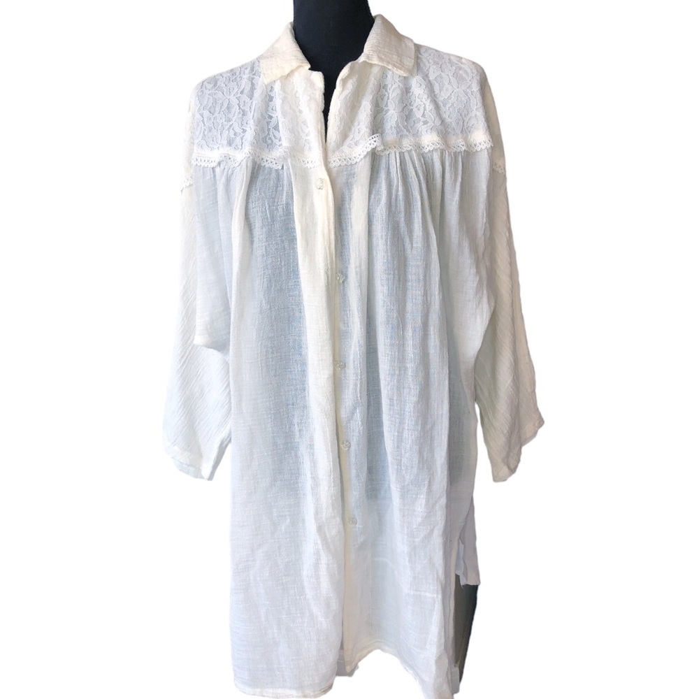 Vintage lace trim crepe-textured semi sheer dolman sleeve top SHARON 80s…